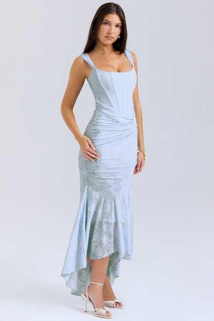 Wide Strap Corset Bodice Floral Burnout Ruched Mermaid Maxi Dress