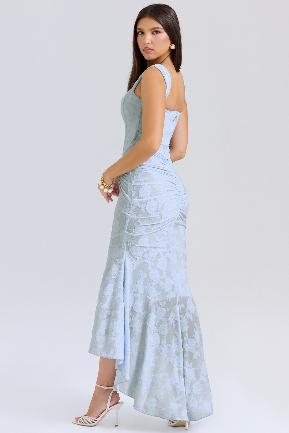 Wide Strap Corset Bodice Floral Burnout Ruched Mermaid Maxi Dress