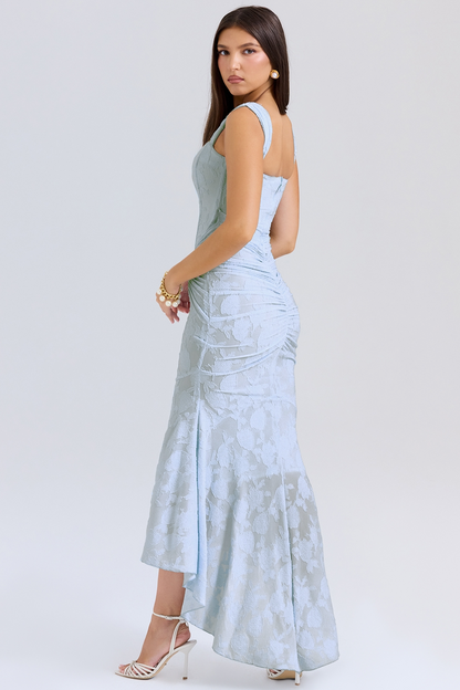 Wide Strap Corset Bodice Floral Burnout Ruched Mermaid Maxi Dress