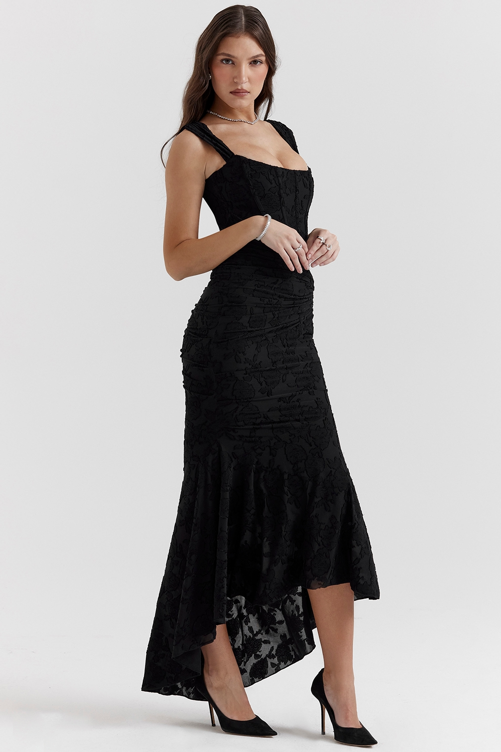 Wide Strap Corset Bodice Floral Burnout Ruched Mermaid Maxi Dress