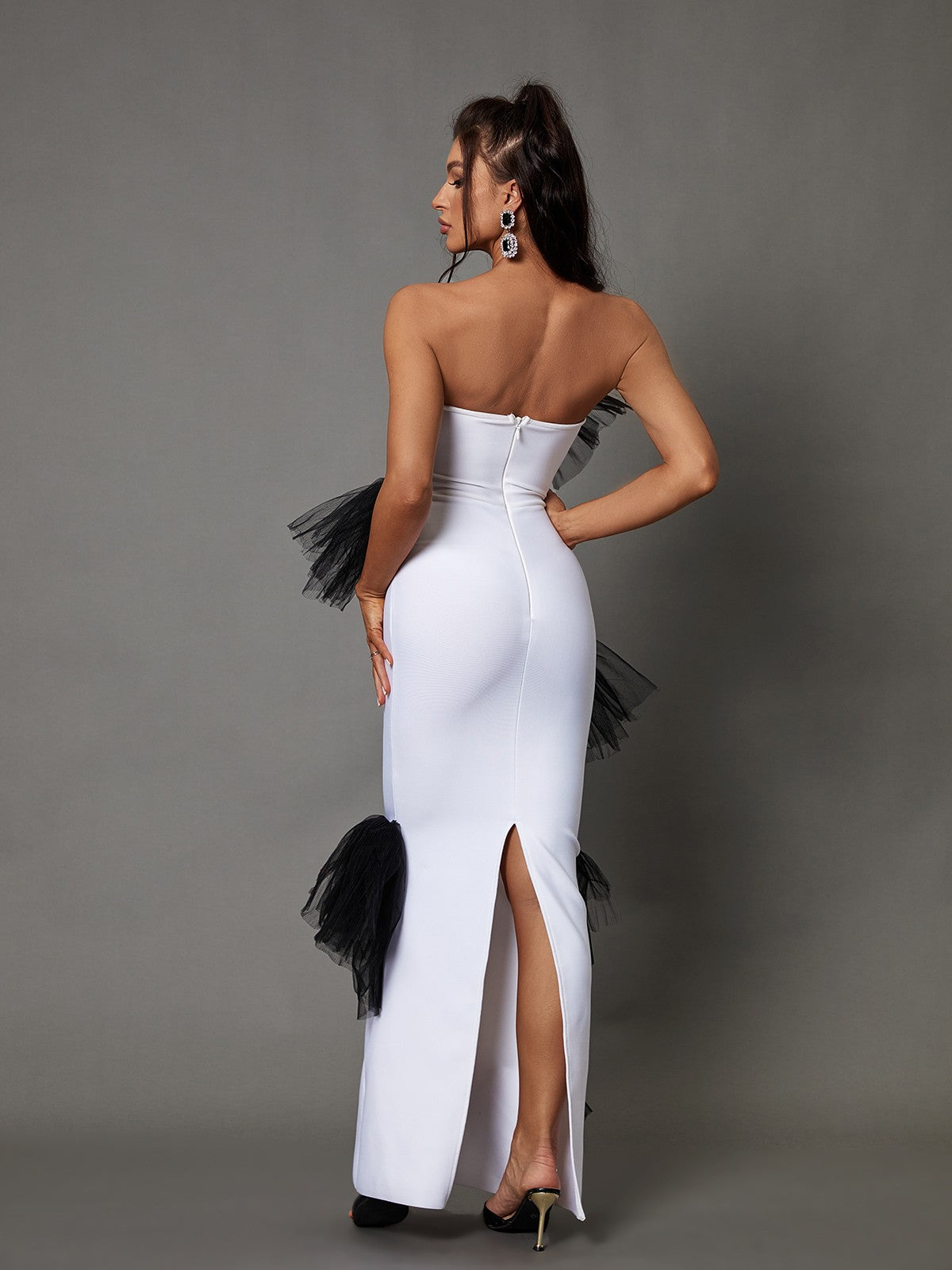 Strapless Tube Neck Tulle Bow Applique Mermaid Maxi Gown