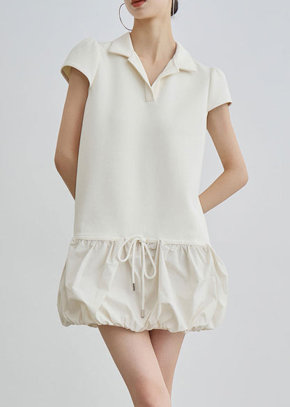 Polo Collar Drawstring Waist Bubble Hem Mixed Media Mini Dress