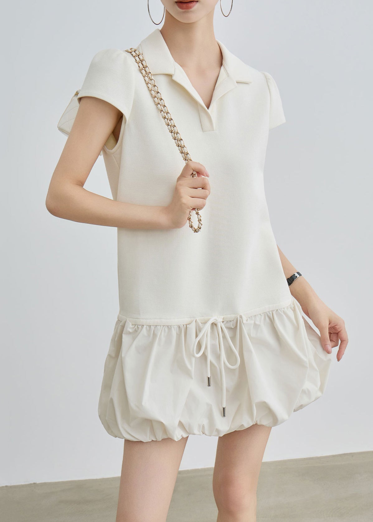 Polo Collar Drawstring Waist Bubble Hem Mixed Media Mini Dress