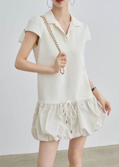 Polo Collar Drawstring Waist Bubble Hem Mixed Media Mini Dress