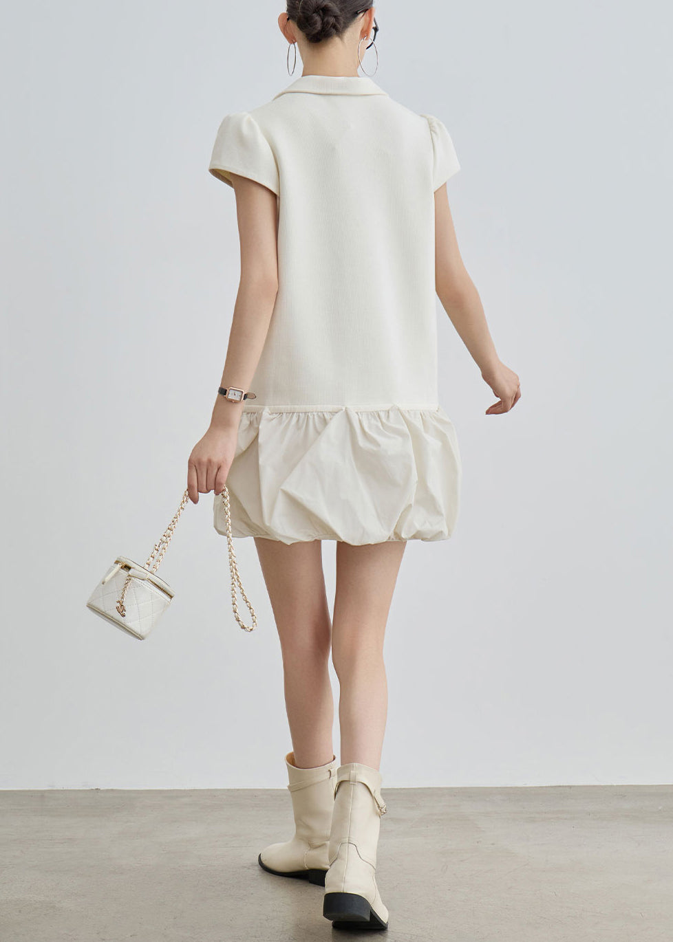Polo Collar Drawstring Waist Bubble Hem Mixed Media Mini Dress