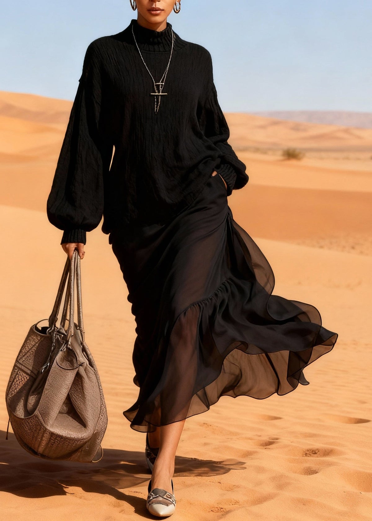 Mock Neck Rib Knit Balloon Sleeve Top Tiered Ruffle Midi Skirt Set