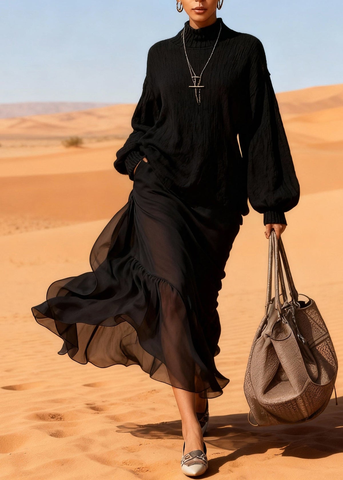 Mock Neck Rib Knit Balloon Sleeve Top Tiered Ruffle Midi Skirt Set