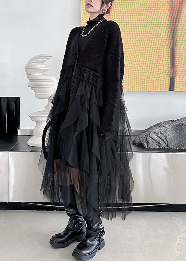 Rib Knit V-Neck Tiered Tulle Layered Asymmetrical Hem Maxi Dress