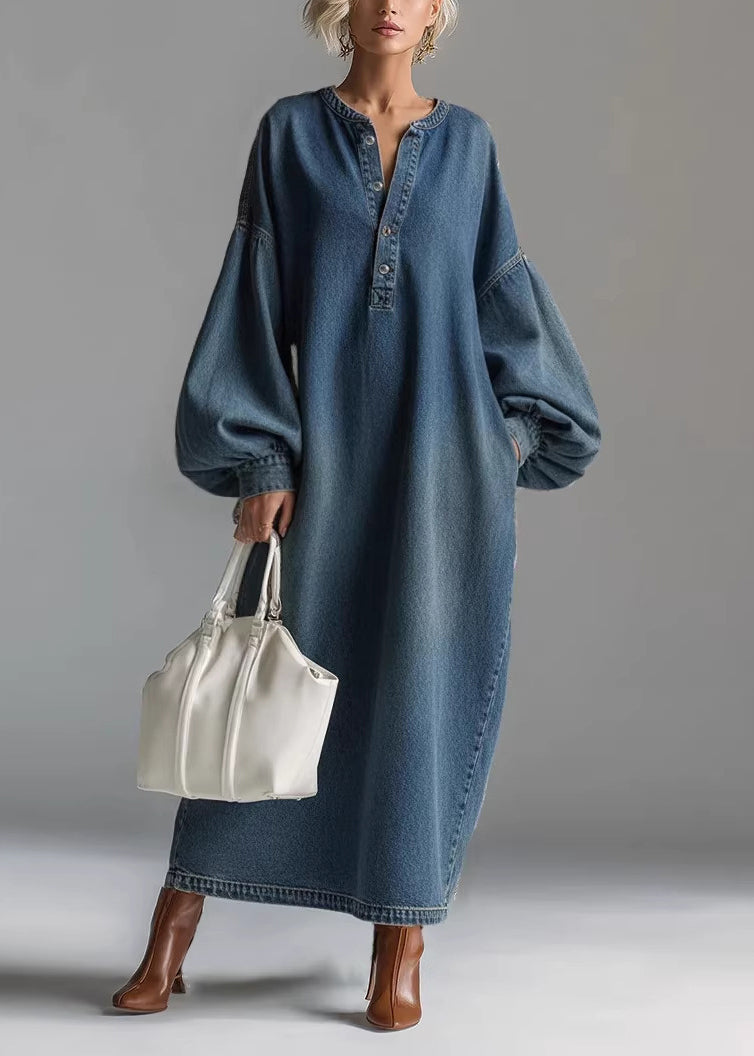 Band Collar Button Front Balloon Sleeve Pocket Denim Maxi Dress