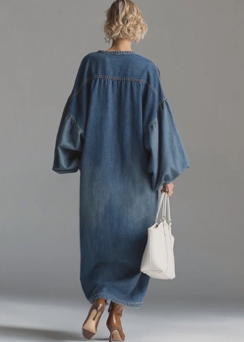 Band Collar Button Front Balloon Sleeve Pocket Denim Maxi Dress