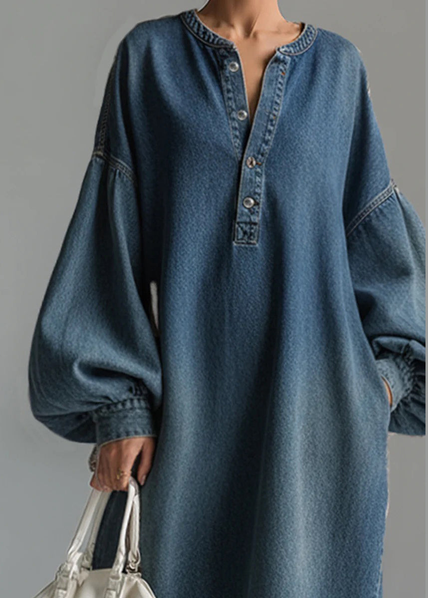 Band Collar Button Front Balloon Sleeve Pocket Denim Maxi Dress