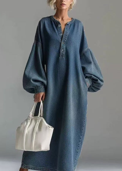 Band Collar Button Front Balloon Sleeve Pocket Denim Maxi Dress