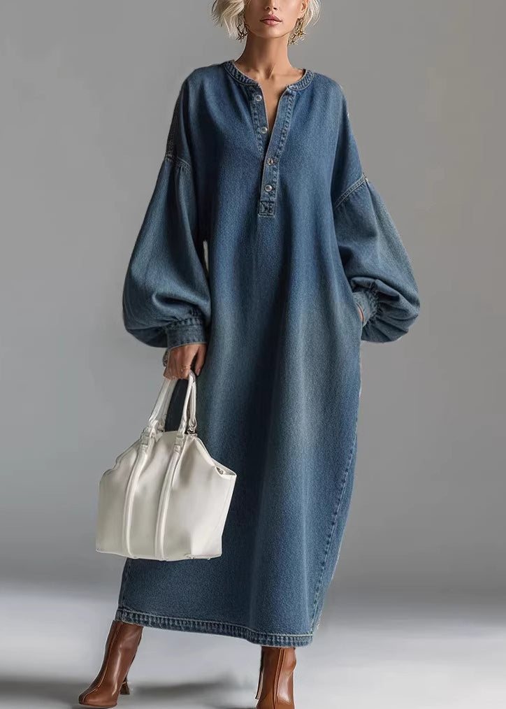 Band Collar Button Front Balloon Sleeve Pocket Denim Maxi Dress