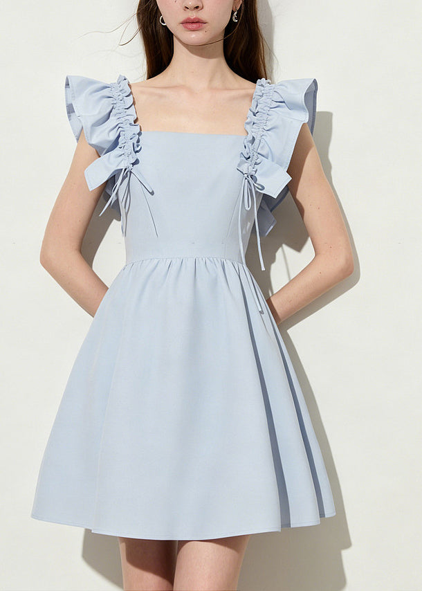 Square Neck Smocked Ruffle Strap Tie Detail Box Pleat Mini Dress