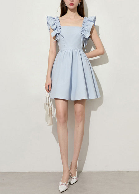 Square Neck Smocked Ruffle Strap Tie Detail Box Pleat Mini Dress