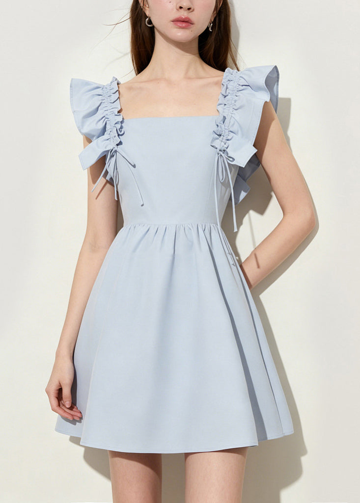 Square Neck Smocked Ruffle Strap Tie Detail Box Pleat Mini Dress