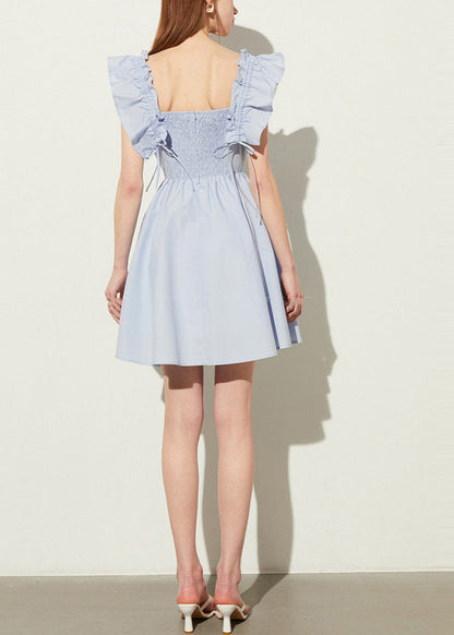 Square Neck Smocked Ruffle Strap Tie Detail Box Pleat Mini Dress