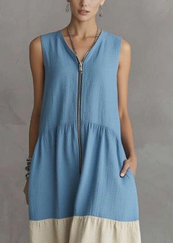 V-Neck Front Zip Colorblock Pocket Tiered Linen Blend Midi Dress