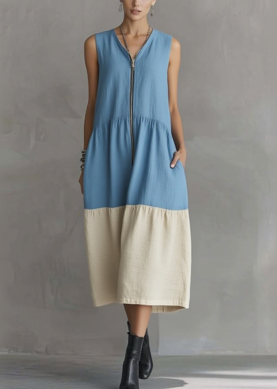 V-Neck Front Zip Colorblock Pocket Tiered Linen Blend Midi Dress