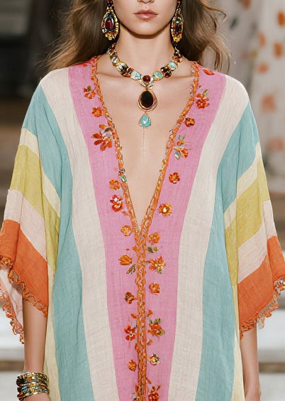Embroidered V-Neck Striped Kaftan High-Low Crochet Trim Midi Dress
