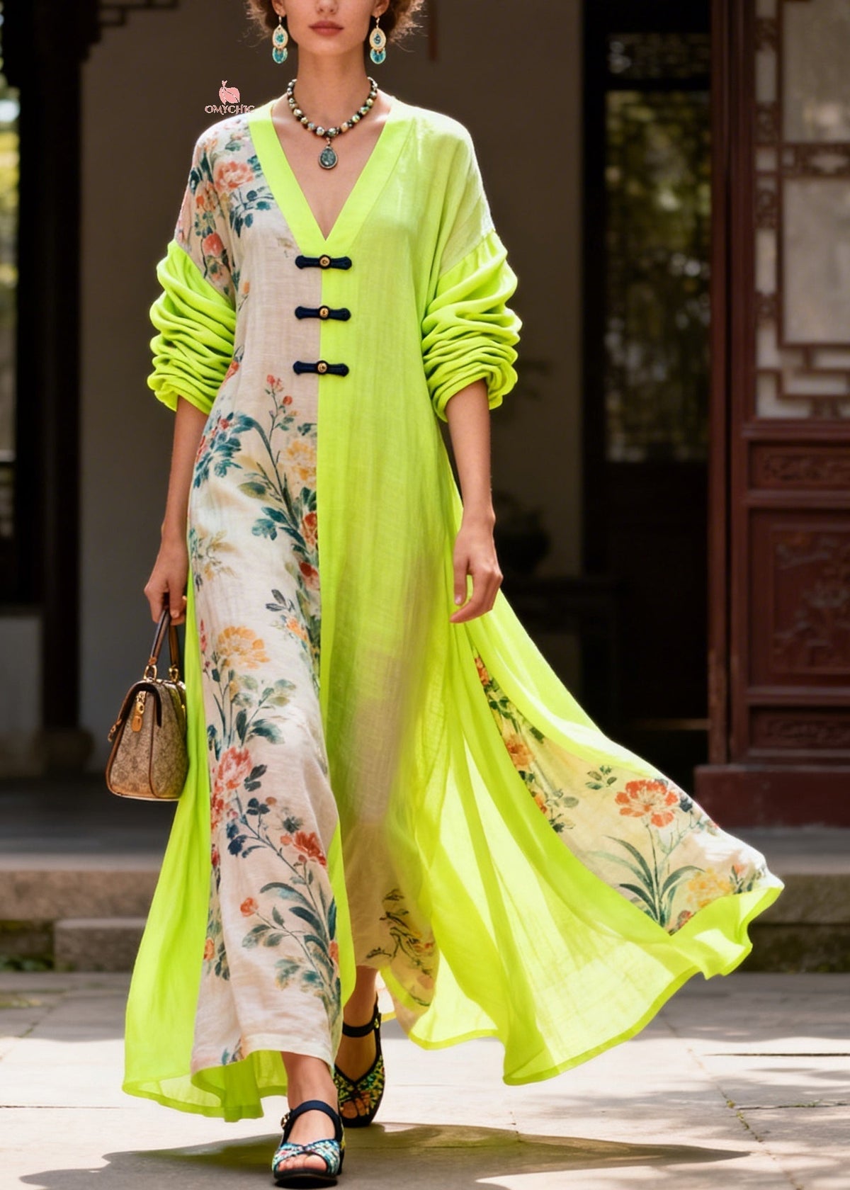 Frog Button Split Panel Ruched Puff Sleeve Floral Maxi Dress