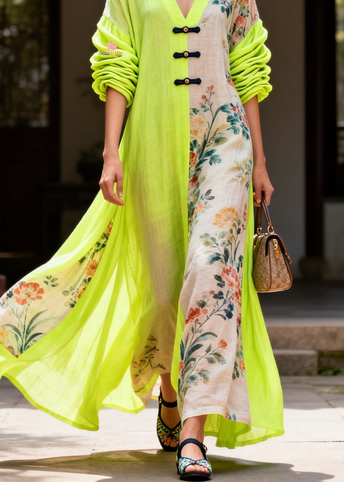 Frog Button Split Panel Ruched Puff Sleeve Floral Maxi Dress