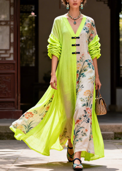 Frog Button Split Panel Ruched Puff Sleeve Floral Maxi Dress