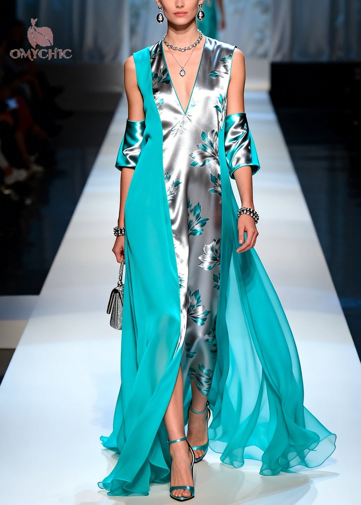 Deep V-Neck Cold-Shoulder Floral Satin Panel Sheer Draped Cape Maxi Gown