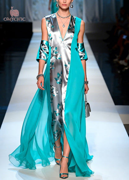 Deep V-Neck Cold-Shoulder Floral Satin Panel Sheer Draped Cape Maxi Gown