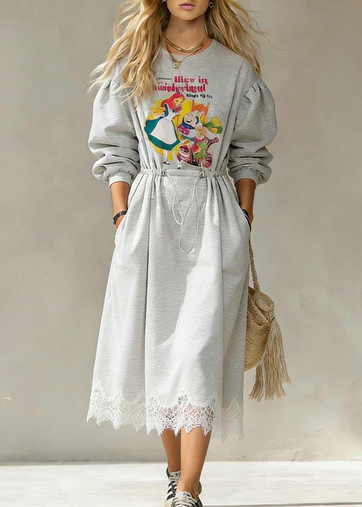 Crew Neck Graphic Print Drawstring Waist Lace Hem Sweatshirt Dress