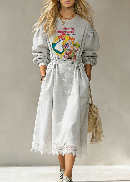 Crew Neck Graphic Print Drawstring Waist Lace Hem Sweatshirt Dress