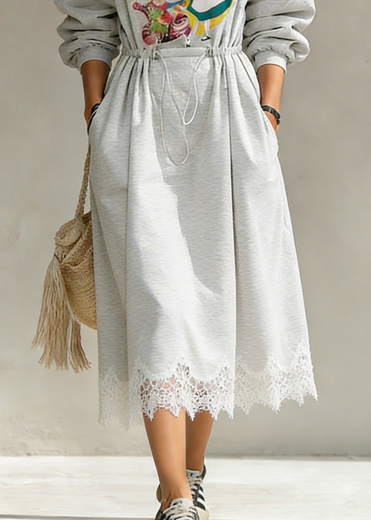 Crew Neck Graphic Print Drawstring Waist Lace Hem Sweatshirt Dress