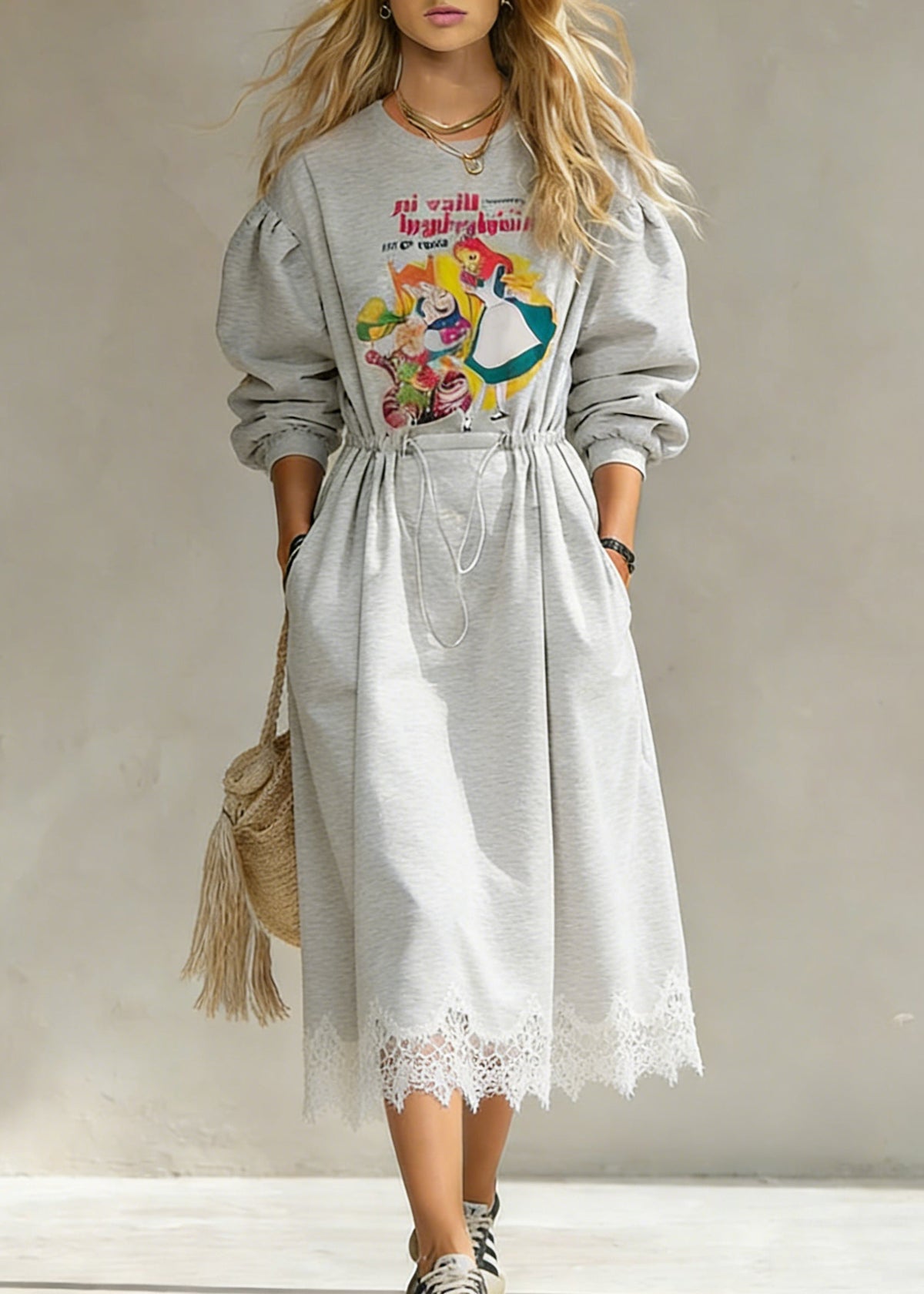 Crew Neck Graphic Print Drawstring Waist Lace Hem Sweatshirt Dress