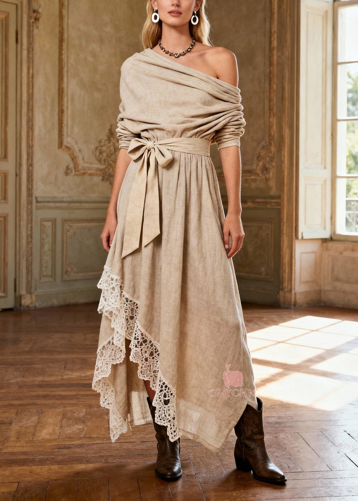 One-Shoulder Sash Tie Crochet Lace Trim Handkerchief Hem Maxi Dress