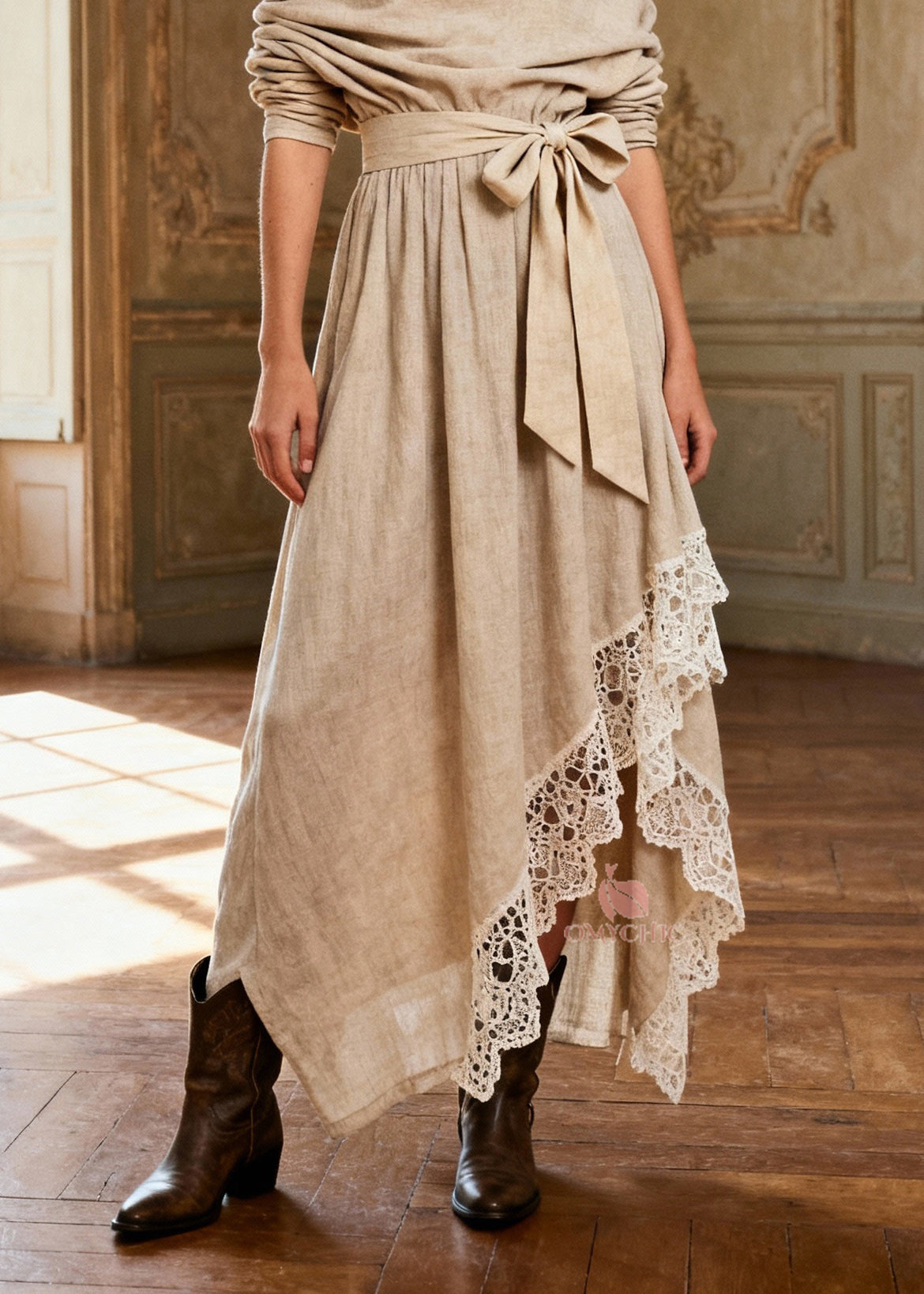 One-Shoulder Sash Tie Crochet Lace Trim Handkerchief Hem Maxi Dress