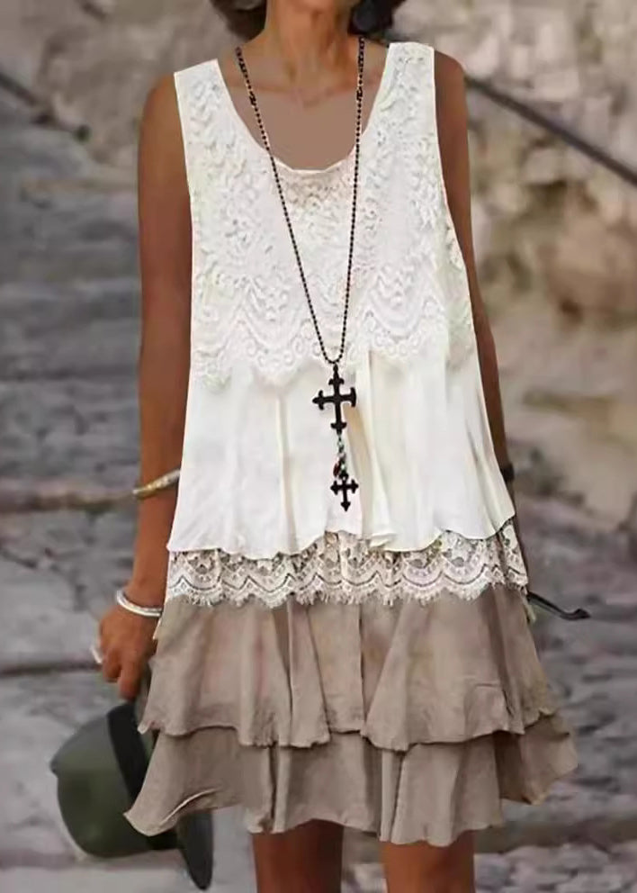 Scoop Neck Lace Overlay Scalloped Tiered Ruffle Hem Sleeveless Mini Dress