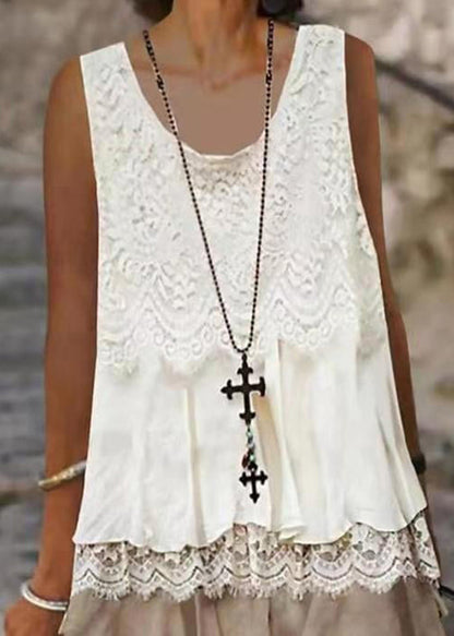 Scoop Neck Lace Overlay Scalloped Tiered Ruffle Hem Sleeveless Mini Dress