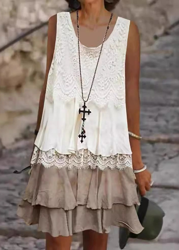 Scoop Neck Lace Overlay Scalloped Tiered Ruffle Hem Sleeveless Mini Dress