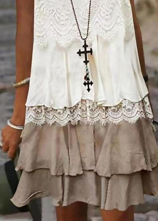 Scoop Neck Lace Overlay Scalloped Tiered Ruffle Hem Sleeveless Mini Dress
