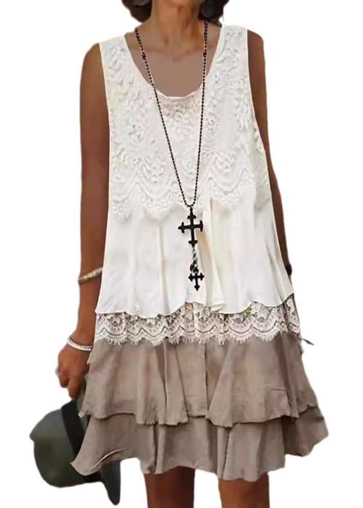 Scoop Neck Lace Overlay Scalloped Tiered Ruffle Hem Sleeveless Mini Dress