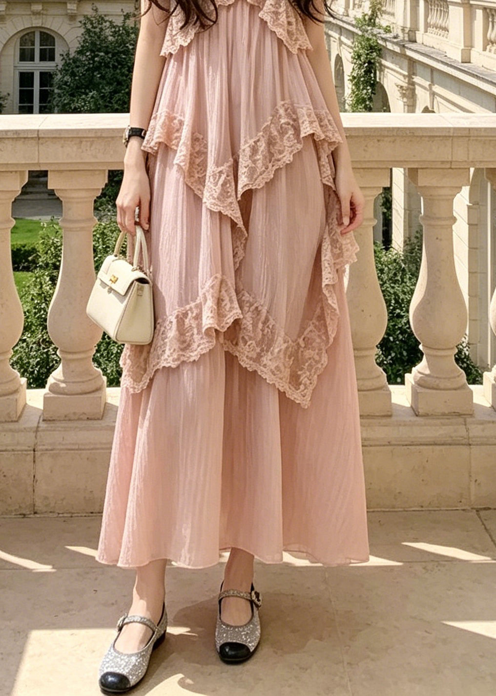Deep V Neck Lace Trim Diagonal Tier Accordion Pleat Maxi Dress