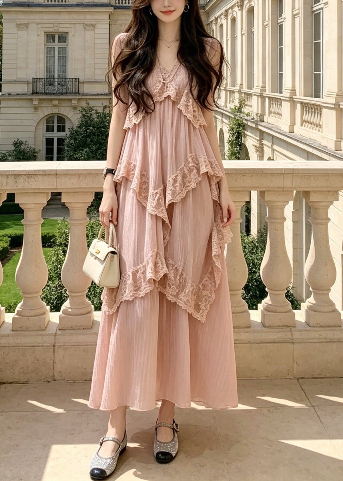 Deep V Neck Lace Trim Diagonal Tier Accordion Pleat Maxi Dress