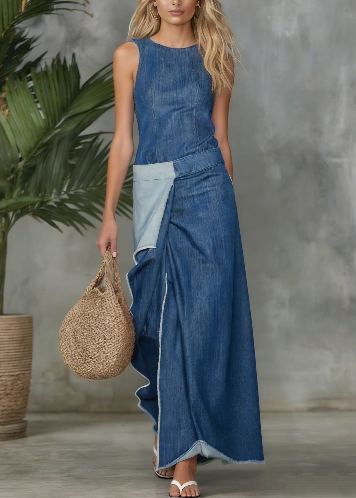 High Neck Sleeveless Paneled Wrap Front Raw Hem Denim Maxi Dress
