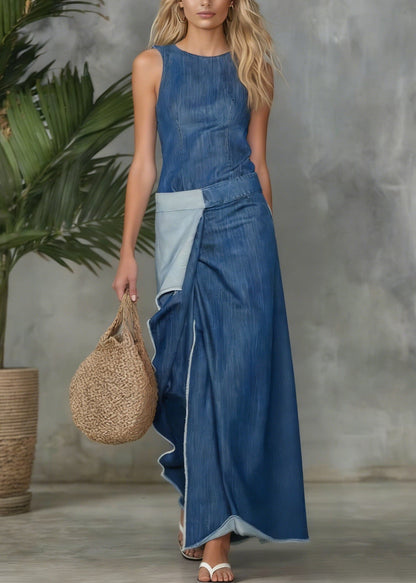 High Neck Sleeveless Paneled Wrap Front Raw Hem Denim Maxi Dress
