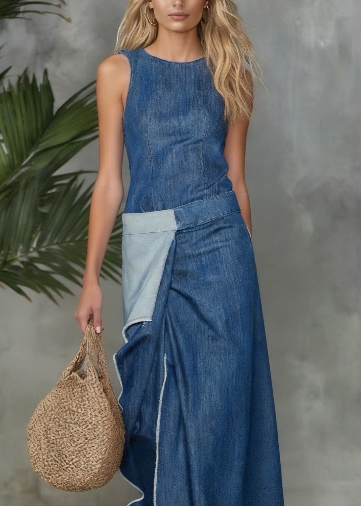 High Neck Sleeveless Paneled Wrap Front Raw Hem Denim Maxi Dress