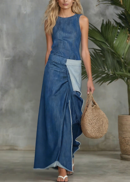High Neck Sleeveless Paneled Wrap Front Raw Hem Denim Maxi Dress