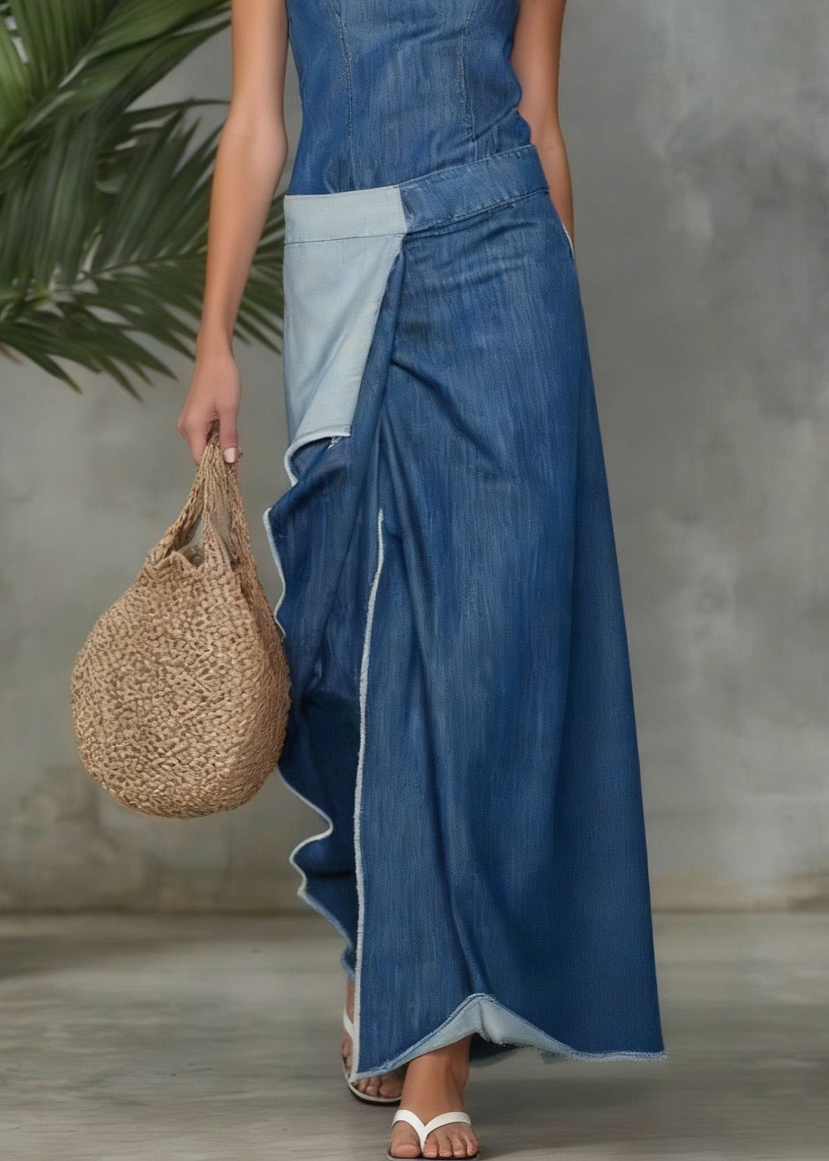 High Neck Sleeveless Paneled Wrap Front Raw Hem Denim Maxi Dress