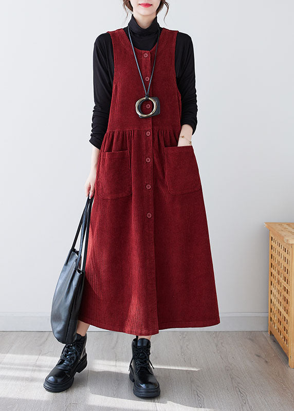 V Neck Sleeveless Corduroy Pinafore Patch Pocket Button Maxi Dress