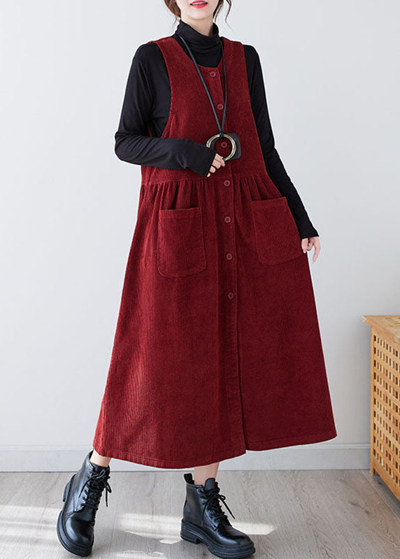 V Neck Sleeveless Corduroy Pinafore Patch Pocket Button Maxi Dress