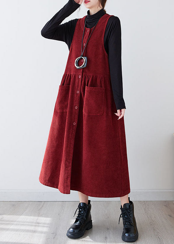 V Neck Sleeveless Corduroy Pinafore Patch Pocket Button Maxi Dress